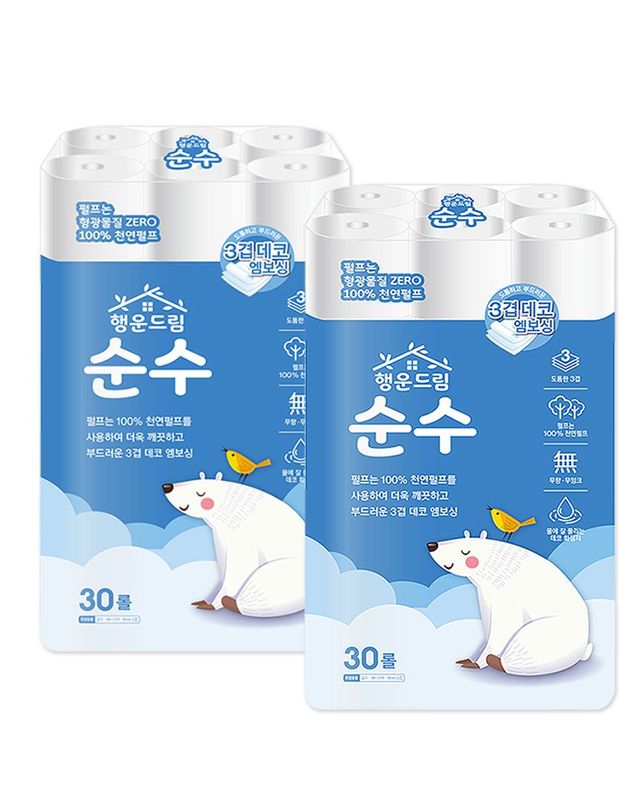 쇼우몰 행운드림 순수 롤 화장지 3겹데코 30롤 1팩 두루마리휴지 착용컷