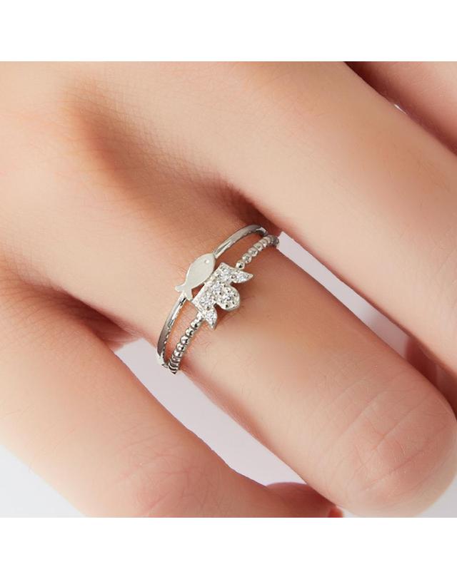 엘렌쥬얼리 실버 Silver 925 큐빅 왕관 물고기 레이어드 미스 링 은 반지 착용컷