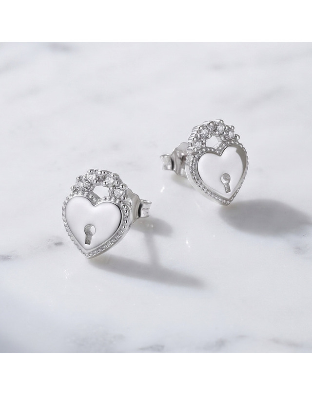 엘렌쥬얼리 실버 925 Silver 하트 자물쇠 큐빅 은 귀걸이 착용컷