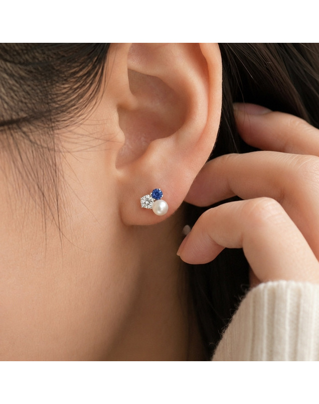 엘렌쥬얼리 실버 925 Silver 사파이어 앤 펄 큐빅 은 귀걸이 착용컷
