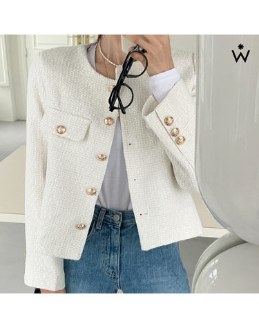 클래식 금장 버튼 노카라 트위드 자켓 (WIACJK042)