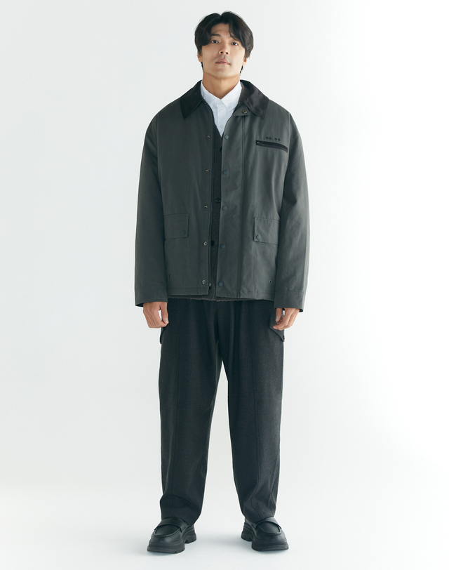 부붐 [빅사이즈]브리티시 레더 칼라 자켓 차콜 착용컷