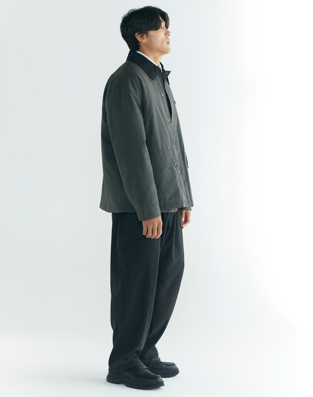부붐 [빅사이즈]브리티시 레더 칼라 자켓 차콜 착용컷
