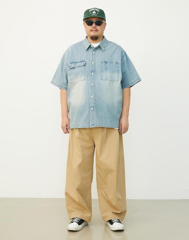 부붐 [빅사이즈]빈티지 셰이드 데님 반팔 셔츠 착용컷
