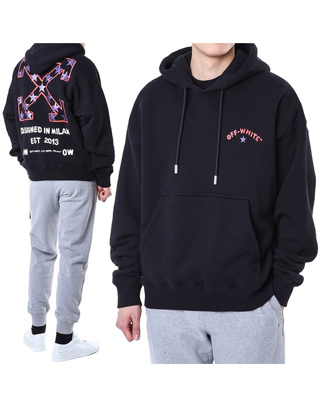 오프화이트 오프화이트 스타애로우 메탈릭 프린트 후드 티셔츠/OMBB085S 25FLE00D 1001 착용컷