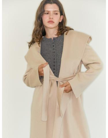 camel hair 100% | belted hooded slit coat - beige
