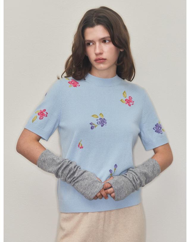 테라누고 cashmere 100% | bloom knit top - Sky Blue 청록 착용컷