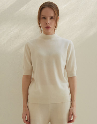 cashmere 100% | half-neck sleeve knit top - White