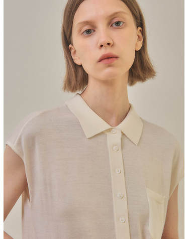 merino wool 70% silk 30% | cap sleeve collared knit top - White
