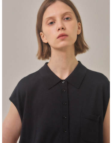 merino wool 70% silk 30% | cap sleeve collared knit top - Navy