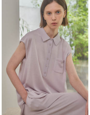 merino wool 70% silk 30% | cap sleeve collared knit top - Pale Purple
