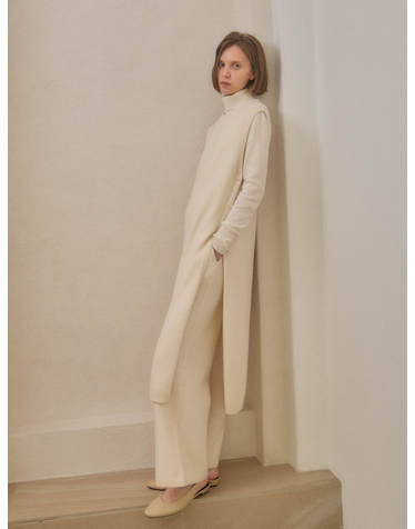 cashmere 100% | one slit long vest - White