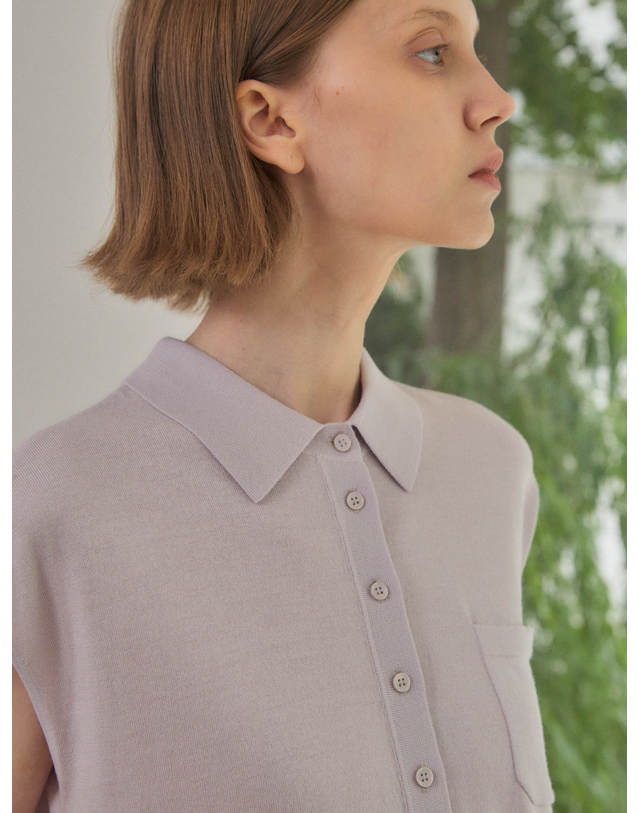 테라누고 merino wool 70% silk 30% | cap sleeve collared knit top - Pale Purple 착용컷