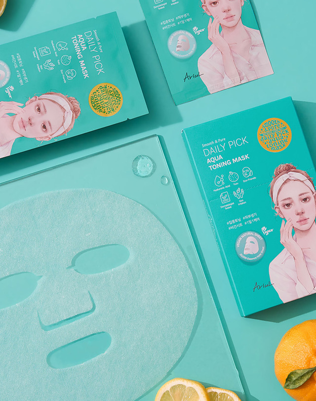 아리얼 스무스 앤 퓨어 데일리 픽 아쿠아 토닝 마스크 20ml _10매 착용컷