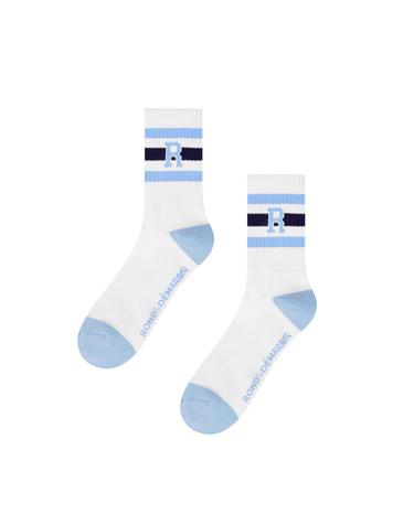 [남녀공용] 컬러블록 R자수 중목 양말 (스카이블루)