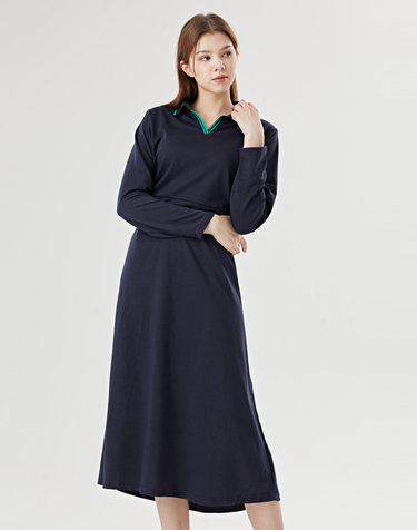 데일리 카라 트임 배색 긴팔 롱 원피스 (DO3OW010A)