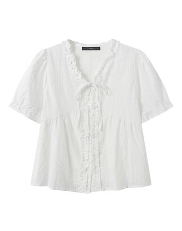 프릴 리본 자수 데일리 반팔 블라우스 (DQ2BA069A)
