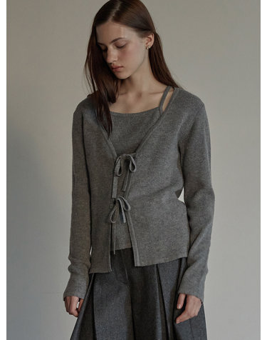 Ribbon layered cardigan - Melange gray