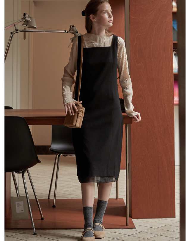 비뮤즈맨션 Hem line sheer patch dress - Black 착용컷