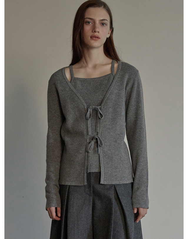 비뮤즈맨션 Ribbon layered cardigan - Melange gray 착용컷