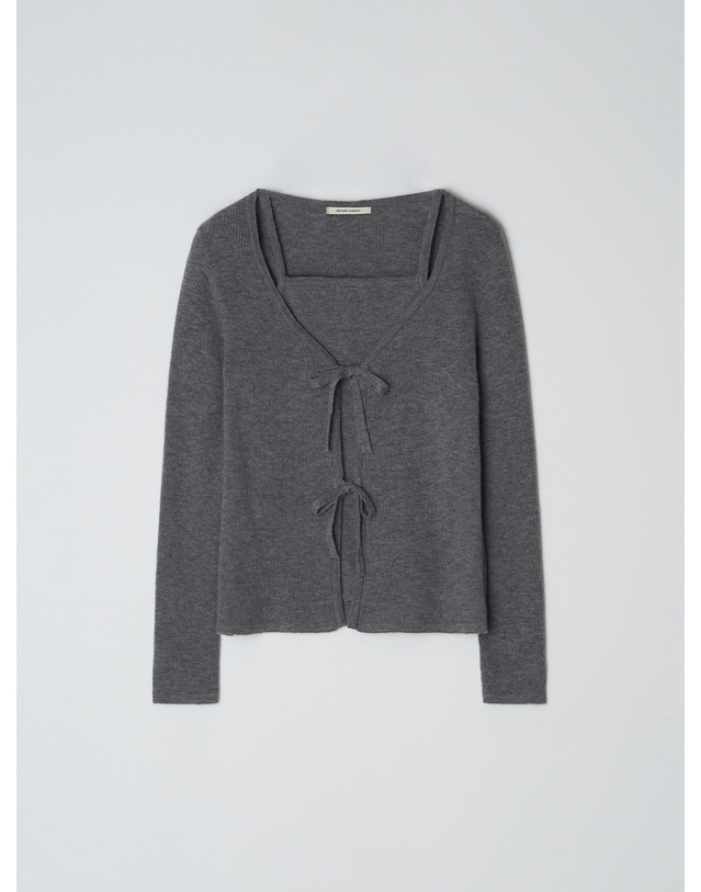 비뮤즈맨션 Ribbon layered cardigan - Melange gray 착용컷