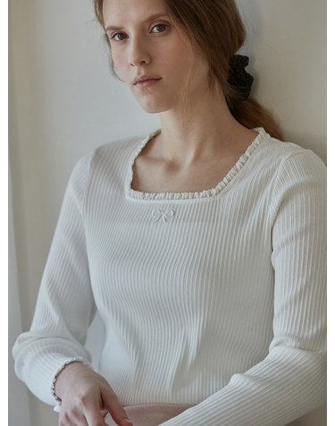 Ribbon point square neck top - Off white