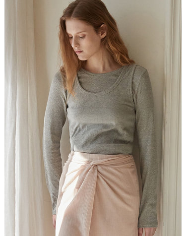 U-neck ribbed layered t shirt set - Melange gray