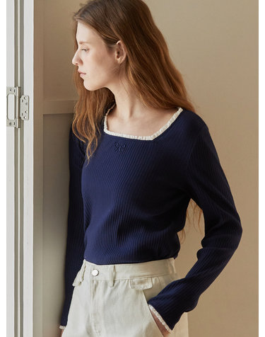 Ribbon point square neck top - Blue Navy