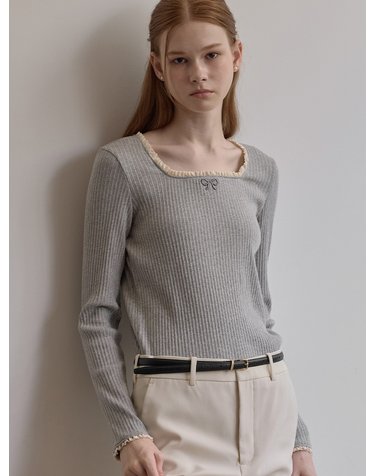 Ribbon point square neck top - Melange gray
