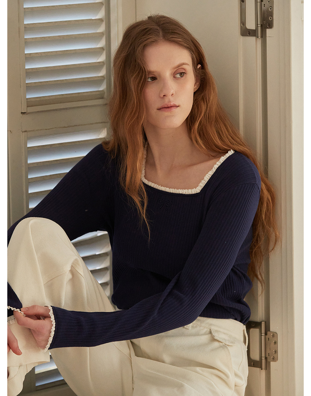 비뮤즈맨션 Ribbon point square neck top - Blue Navy 착용컷