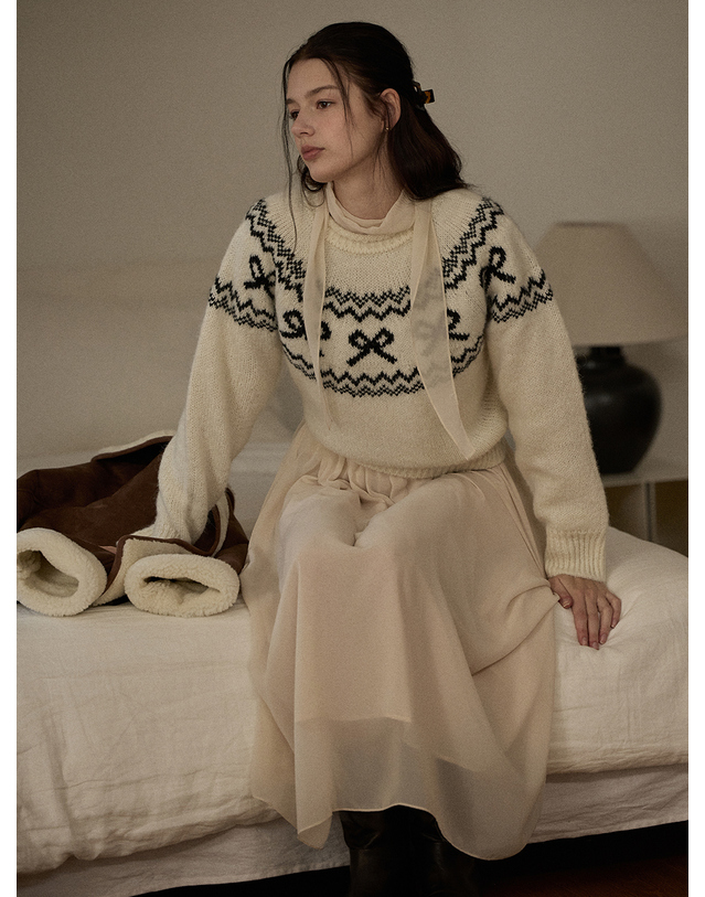 비뮤즈맨션 Ribbon nordic knit - Ivory 착용컷