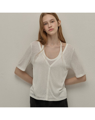 Linen combination cardigan - White
