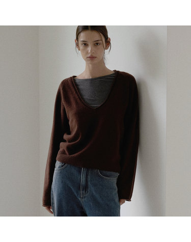 Wholegarment deep v-neck knit - Brown