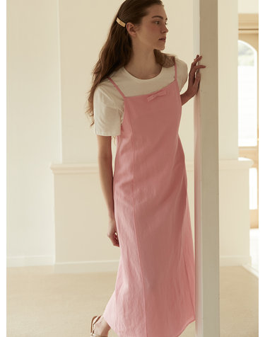 Ribbon point linen dress - Pink