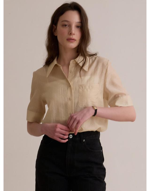 비뮤즈맨션 Sheer half sleeve shirt - Beige 착용컷