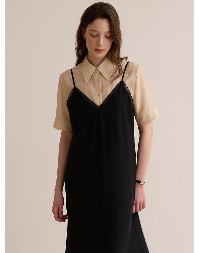 비뮤즈맨션 Sheer half sleeve shirt - Beige 착용컷