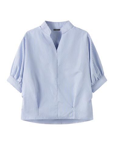 데일리 오픈 카라 스트라이프 반팔 블라우스 (NQ2BA010L0)