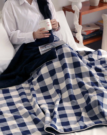 르망 네이비 체크 양털 양면 블랭킷 담요 (3size)