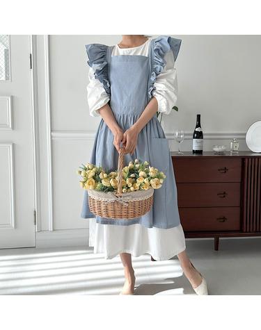 코지 린넨 코튼 롱 프릴 앞치마 주방/카페/공방/브이로그 4color