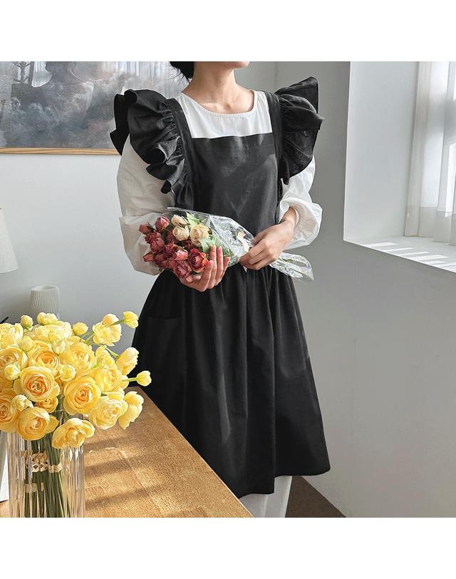 까사베르데 코지 린넨 코튼 롱 프릴 앞치마 주방/카페/공방/브이로그 4color 착용컷