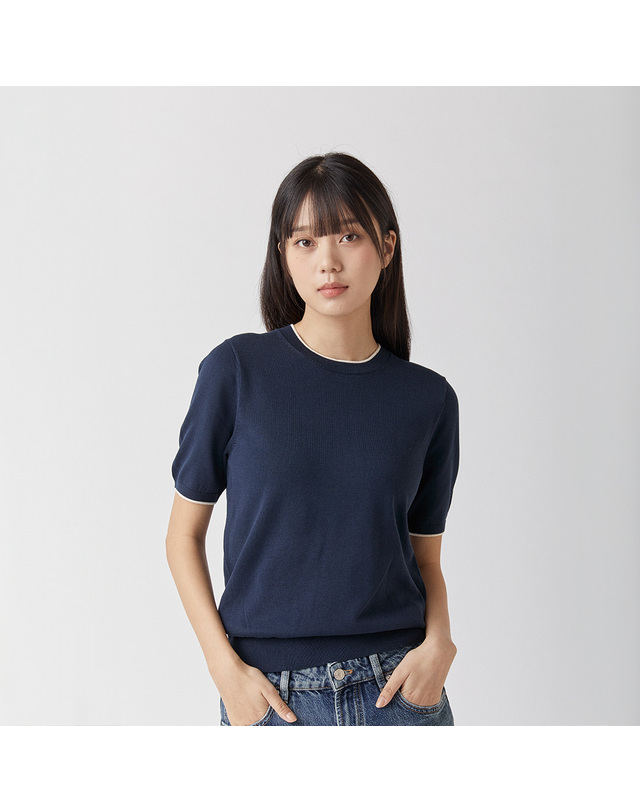 매너그램 울트라파인 실켓 라운드니트 네이비_안티필링 WOMEN 착용컷