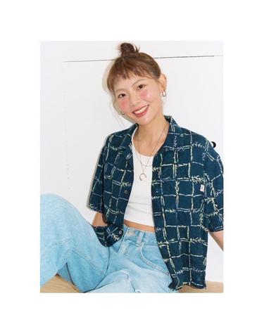 [Hawaiian Crop Shirt] Reef Check - Navy