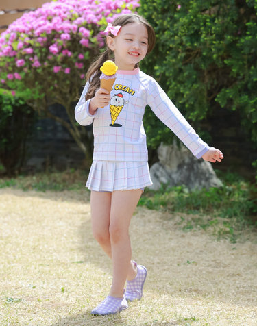 BAY-B 유아 아동 여아 라인걸 래쉬가드 상하의+수영모 세트