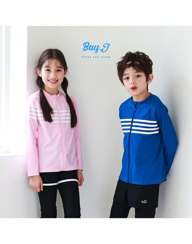 베이-비 BAY-J 주니어 여아 스트라이프 핑크 래쉬가드 상의+반바지+레깅스 3종세트 착용컷