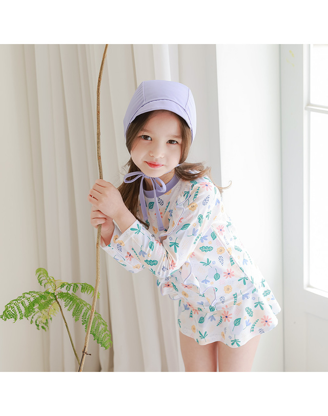 베이-비 BAY-B 유아 아동 여아 라일락 래쉬가드 상하의+보넷세트 착용컷