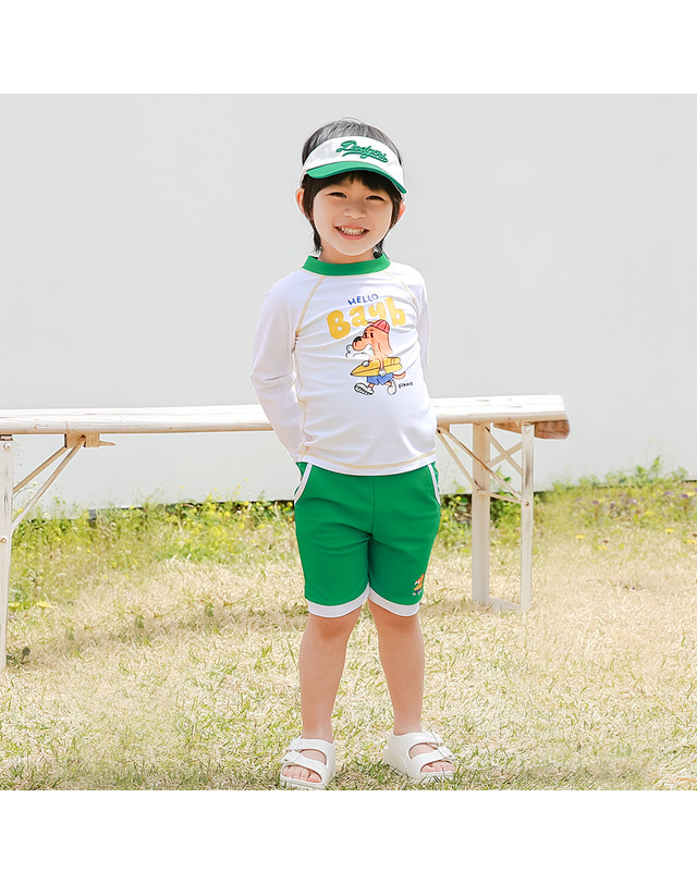 베이-비 BAY-B 유아 아동 크레용 그린 래쉬가드 상하의+수영모세트 착용컷