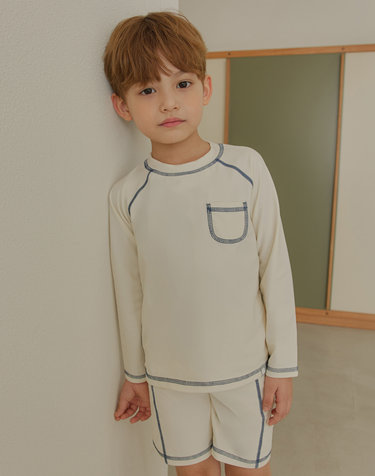 BAY-B 아동 라인포인트 블루 래쉬가드 상하의+수영모 세트