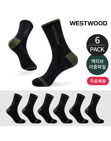 웨스트우드 남성 쿠션 컬러 라인 포인트 등산 중장목양말 6P_BK
