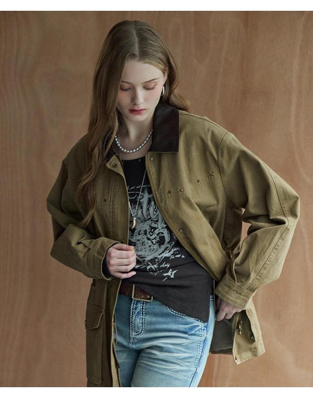 마쟈 [마쟈] 워싱 코튼 레더배색 스터드 스트링 워크자켓 착용컷