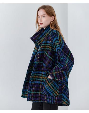[마쟈] 빅체크 울 부클 하이넥 루즈핏 하프 코트